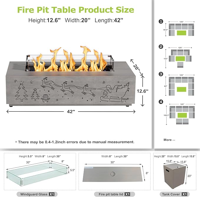 42" Propane Fire Pit Table with Christmas Cutout Decoration and LED Lights – 50,000 BTU with Wind Guard Glass, Lid, Rocks and Cover – Outdoor Fireplace (Grey/Christmas Golden, 42" LED)