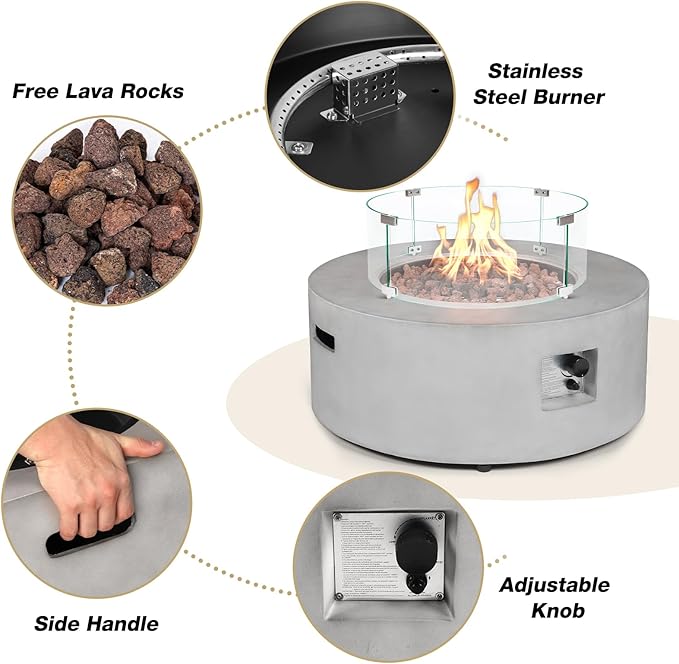 36inch Round Concrete Fire Pit Table with Glass Wind Guard Propane 50,000 BTU Outdoor Fire Table Modern Firepit CSA Certification Gas Firepits with Steel Lid, Rain Cover for Backyard, Deck