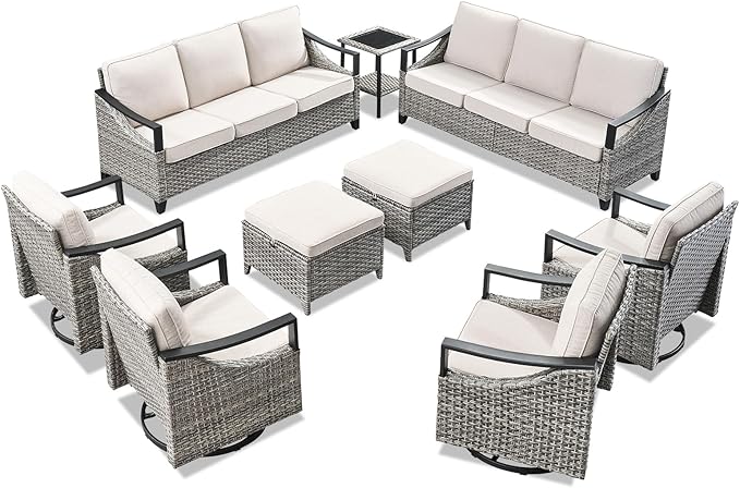 Wicker Outdoor Patio Furniture Set - 9 Pieces Patio Conversation Sets with Wicker Swivel Rocker Chairs, Deep Seat Sectional Sofa with Thick Cushions Ottomans for Porch Balcony Deck Gray/Beige