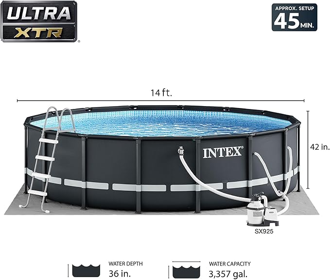 Intex Ultra XTR Frame 14' x 42" Round Above Ground Outdoor Swimming Pool Set with Sand Filter Pump, Ladder, Ground Cloth, and Pool Cover