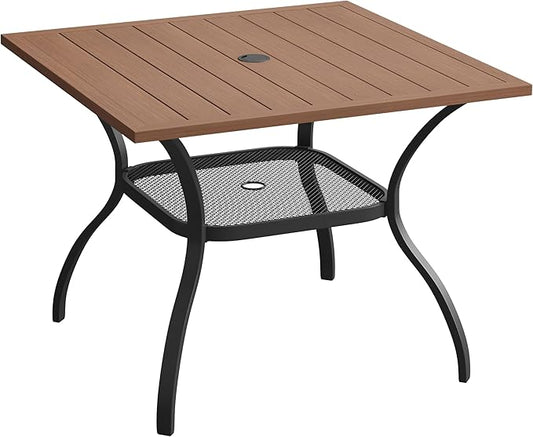 VICLLAX 37.8" Square Outdoor Patio Table, All Weather Metal Outdoor Dining Table for Lawn Garden, Walnut Wood-Like Tabletop