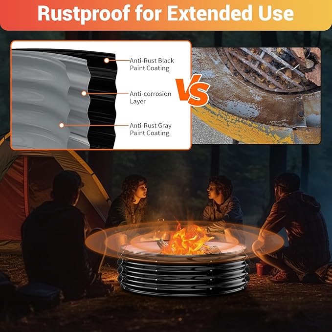 36 Inch Fire Pit Ring for Outside, Heavy Duty High Heat Resistant Outdoor Wood Burning Firepit & Fireplace,12" Tall,Portable Galvanized Steel Fire Pits Bowl for Backyard Bonfire,Patio,Camping,Round