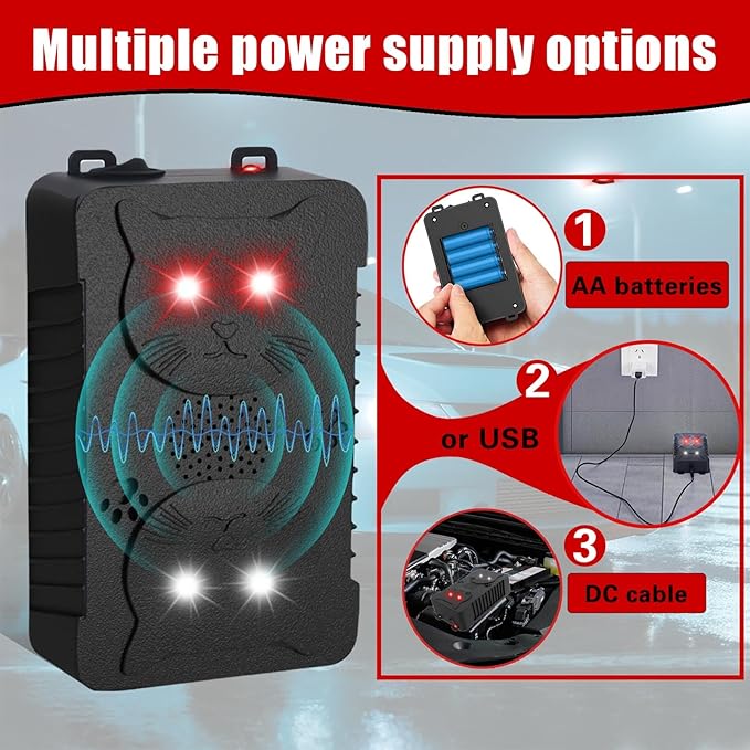 Rodent Repellent for Car Engines, 4Packs Power Supply Rat Deterrent for Car Engines, Ultrasonic Mouse Repeller with Strobe Light, Under Hood Rodent Repellent Keeps Rats Away from Vehicle Car