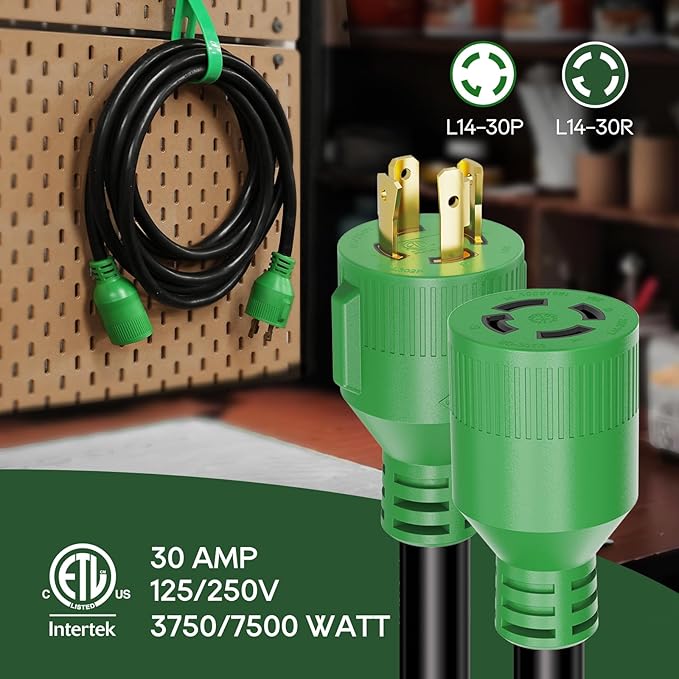 RVGUARD 4 Prong 30 Amp 50 Foot Generator Extension Cord, NEMA L14-30P/L14-30R, 125/250V Up to 7500W 10 Gauge SJTW Cord with Organizer, ETL Listed