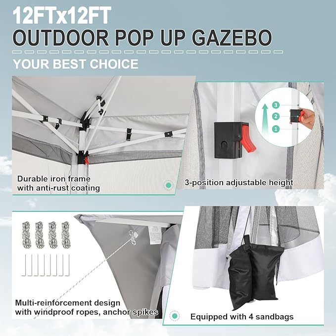 COBIZI 12x12 Pop up Gazebo on Clearance with Mosquito Netting,Waterproof Roof & Sandbags,Outdoor Canopy Tent with 4 Ropes,8 Stakes&Carrying Bag,Portable Patio Gazebo for Garden,Backyard&Lawn,Darkgrey