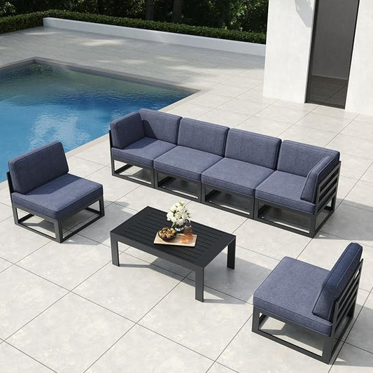 7 Pieces Aluminum Patio Furniture Set with Coffee Table, Metal Outdoor Conversation Sofa Set with Seating Cushions