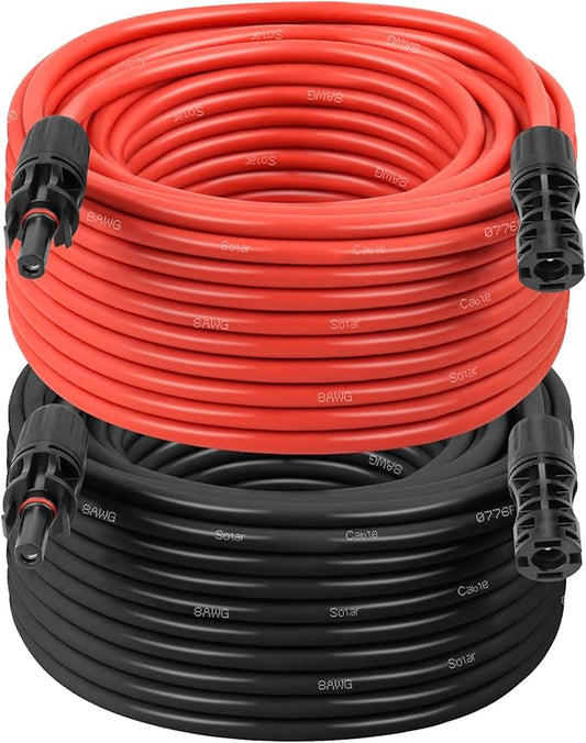 Solar Extension Cable 8AWG 30FT 2-Pack (Red + Black), PV Wire with Male/Female Solar Connectors, Weatherproof Solar Panel Wire for RV, Boat, Inverter, Off-Grid Systems