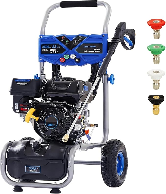 Ezasin Gas Pressure Washer 3500 PSI, 2.3 GPM Heavy Duty High Power Washer,209CC 7HP Engine with 25Ft Pressure Hose, Axial Aluminum Pump, Soap Tank, 4 Quick Connect Nozzle (Blue)