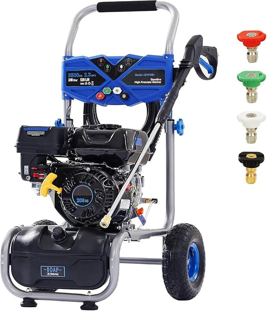 Ezasin Gas Pressure Washer 3500 PSI, 2.3 GPM Heavy Duty High Power Washer,209CC 7HP Engine with 25Ft Pressure Hose, Axial Aluminum Pump, Soap Tank, 4 Quick Connect Nozzle (Blue)
