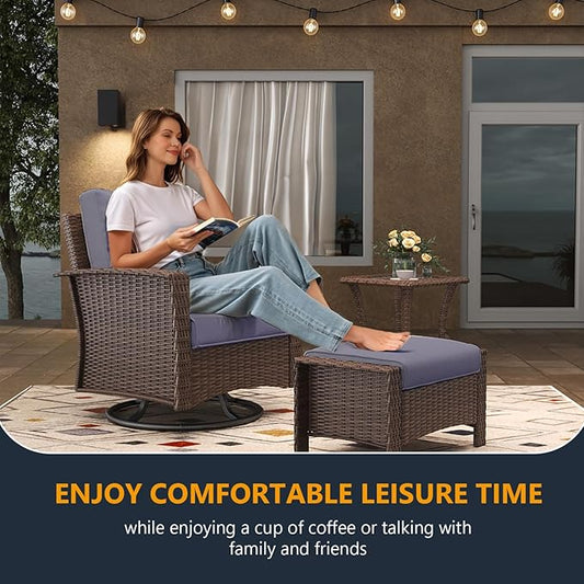 5 Pieces Outdoor Patio Furniture Set, Wicker Patio Sectional Set Conversation Wicker Swivel Chairs with Small Side Table