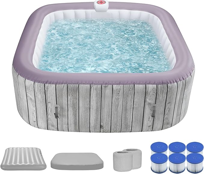 Inflatable Hot Tub for 4-6 Adults – Portable Blow Up Hot Tub with 130 Air Jets, FastFill System & Thermal Cover – Outdoor Spa Hot Tubs for Patio, Backyard & Travel Use (Laminated PVC Square)