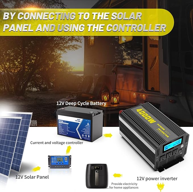 4000 Watt Modified Sine Wave Power Inverter, 12V DC to AC 110V/120V (Peak) 5000W Converter 3 Outlet Car Inverter with Remote Control and LED Display 3.4V USB Port