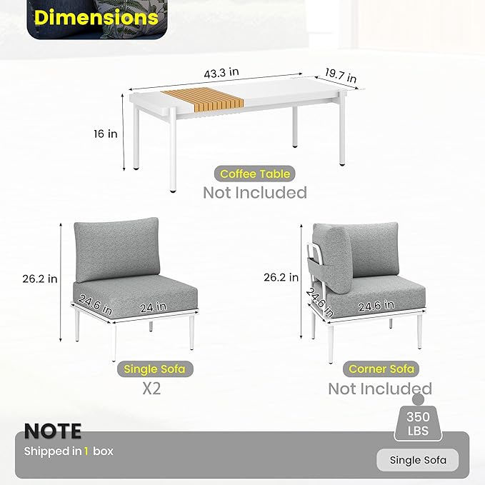 Sundale Outdoor 2 Pieces Patio Furniture Set, Metal Outdoor Sectional Sofa with 6 Inch Olefin Cushion, All-Weather Modern Outdoor Conversation Sets