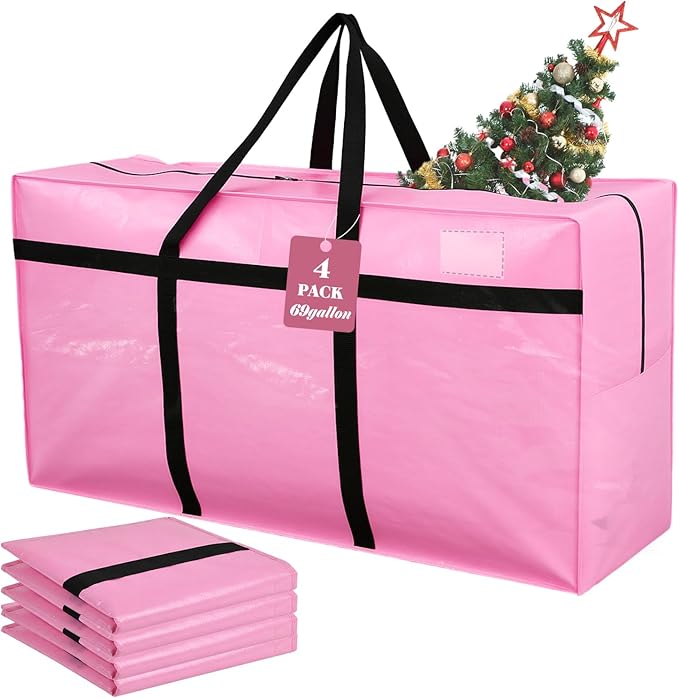 Windyun 4 Pack 69 Gallon Extra Large Storage Bags XXL Moving Bags with Zipper Handles Heavy Duty Jumbo Big Tote Box for Christmas Tree Storage 4, 5, 7.5, 9, 10, 12 ft Skeleton College Dorm(Pink)