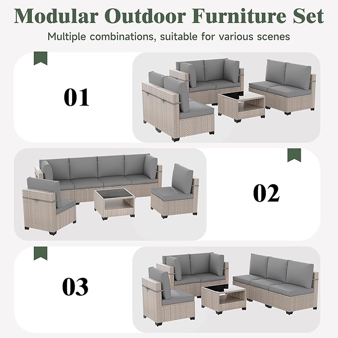 14 Pieces Patio Furniture Set, Outdoor Sectional Wicker Sofa with Thick Cushions and Storage Coffee Table, Rattan Patio Conversation Sets for Deck Yard Poolside, Grey