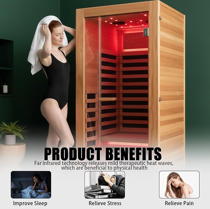 RIGO Single-Person Infrared Sauna Cabin, 1350W okoumé Wood Home Sauna Cabin 35.43×35.43×70.87 inches, Featuring a Starry Sky Light with Colour-Changing LED Strip Lighting, Indoor Personal Sauna spa.