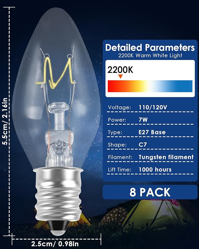 PACETAP 8Pack 7W C7 Night Light Replacement Bulbs with E12 Candelabra Base for Salt Lamps, Window Candles and Chandeliers, C7 Nightlight Bulb for Outdoor String Lights Warm White 2200k