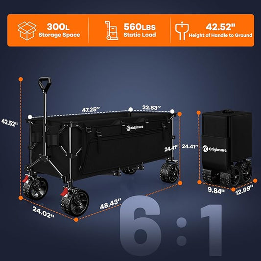 48" L Collapsible Wagon Cart Foldable, 560lbs Weight Capacity 300L Heavy Duty Folding Beach Wagons with Big All-Terrain Wheels, Utility Carts for Groceries, Shopping, Camping, Sports - Black
