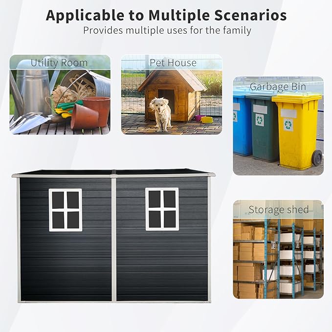 4x8 ft Outdoor Resin Storage Shed with Floor and 2 Windows, Waterproof Plastic Garden Shed with Lockable Door and Air Vents, All-Weather Tool Sheds for Backyard, Patio, Lawn (Black)