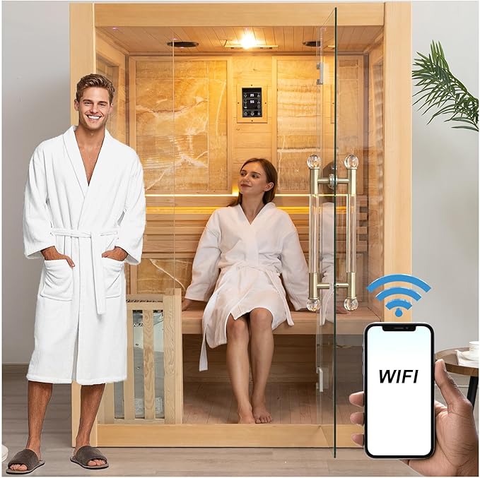 Smartmak Wood Home Steam Sauna, WiFi Control 3 Person Canadian Hemlock Traditional Luxurious Wooden Indoor Spa Room, with 4.5 kw Heater, Speaker, Rocks, Water Bucket, Spoon, Sky Lights