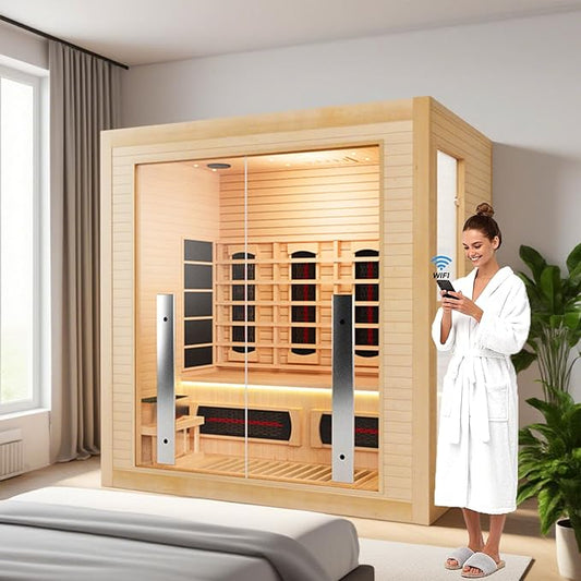 3-4 Person Hybrid Home Wood Sauna, Indoor WiFi Control Far Infrared & Traditional Canadian Hemlock Steam Saunas Spa with Red Light Therapy, 11 Heating elements & Electric Stove, Accessories, Rightdoor