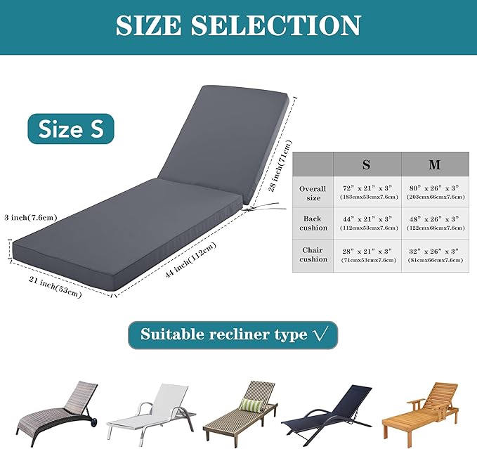 Chaise Lounge Cushion Outdoor, Waterproof and Stain-Resistant Lounge Deck Reclining Chair Cushions for Patio Furniture Lawn Pool Resort Hotel, 80x26x3 Inch, Set of 4, Dark Grey