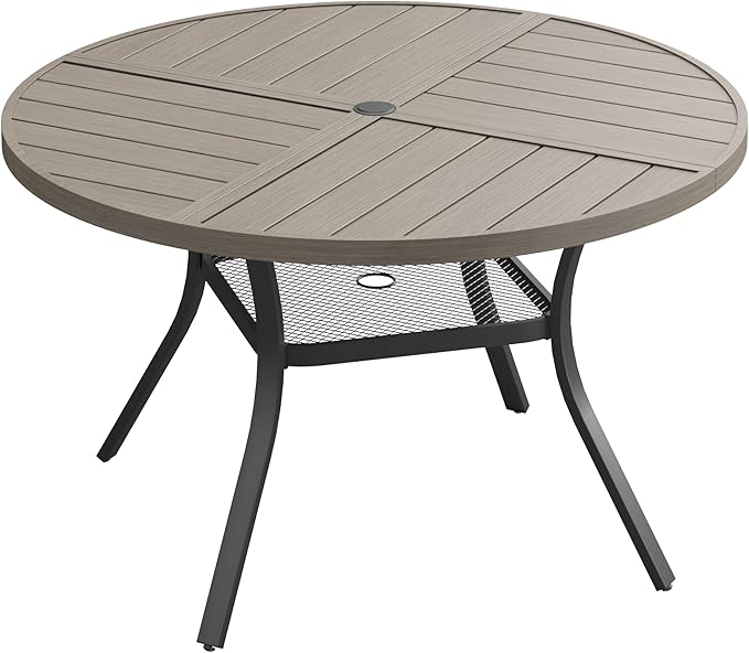 VICLLAX Round Patio Dining Table, 4 Person Metal Outdoor Dining Table with Umbrella Hole and Storage Shelf for Garden Lawn Deck, 40.6" Grey