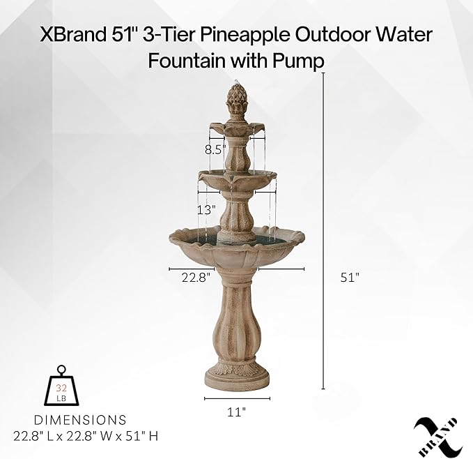 XBrand Outdoor Water Fountain 51 inch 3-Tier Garden Fountain with Pump, Weather Resistant Resin Patio & Yard Waterfall Feature - Beige