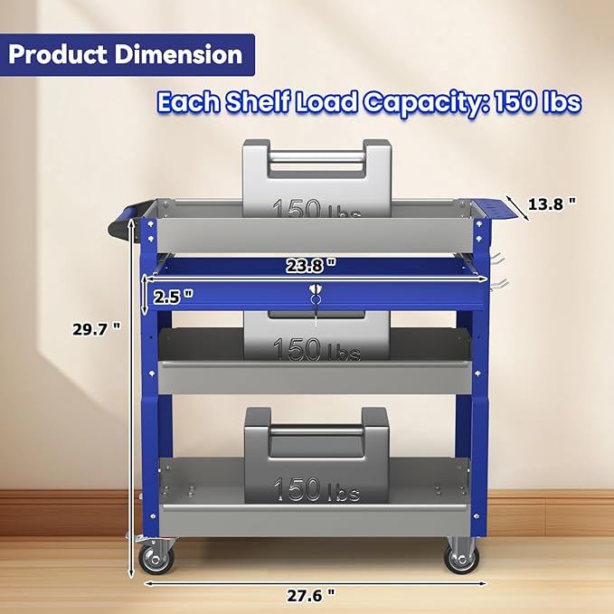 3 Tier Rolling Tool Cart with Drawer, 450 LBS Heavy Duty Utility Cart on Wheels, Service Cart for Garage, Workshop and Warehouse (Gray&Blue)