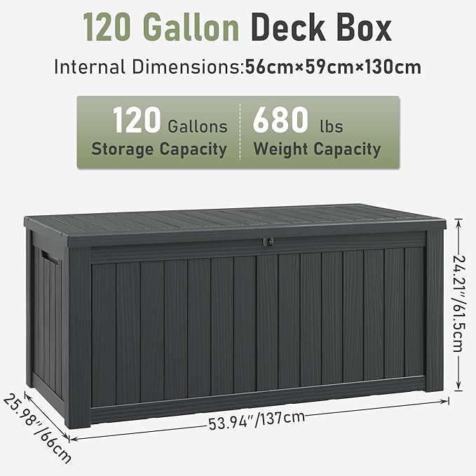 KAMABOKO Outdoor Storage Box, 120 Gallon Large Outdoor Resin Deck Box, Storage Waterproof Boxes Lockable Lid for Garden Tools, Pool Supplies, Patio Furniture and Cushions, Black