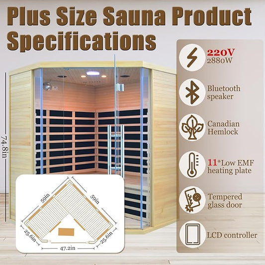 3-4 Person Far Infrared Sauna, Hemlock Indoor Corner Sauna Room Home Sauna with Low EMF Far Infrared Carbon Panel Tempered Glass Door,Bluetooth Speakers Chromotherapy Lights（220V, 2880W）