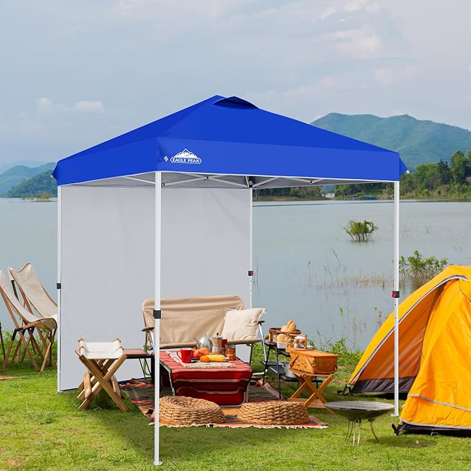EAGLE PEAK Pop Up Canopy Tent with 1 Sidewall, Easy Setup Event Tent, Outdoor Sun Shade, Wheeled Carry Bag, Stakes and Guy Ropes, Instant Canopy 6.6x6.6, Blue
