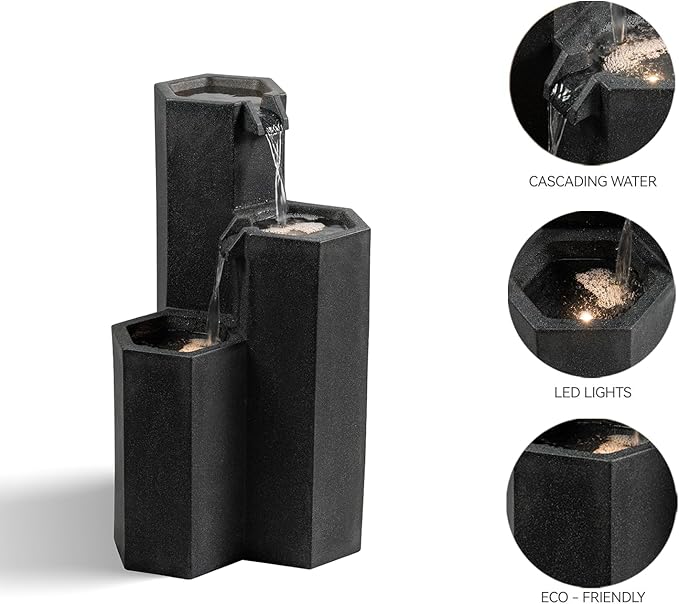 Puulye 27.95" H Outdoor Water Fountain Made with Eco-Friendly Recyclable Materials, Polyethylene Cascading Waterfall Fountain, Garden Waterfall Decor with LED Light & Pump for Patio, Backyard