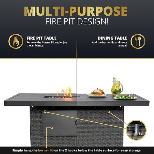 52 inch Outdoor Propane Fire Pit Table 50,000 BTU Patio Firepit Outdoor,Rectangle Fire Table with Lid, Aluminum Tabletop, Rattan Wicker, Auto-Ignition, Wind Guard (Brown)
