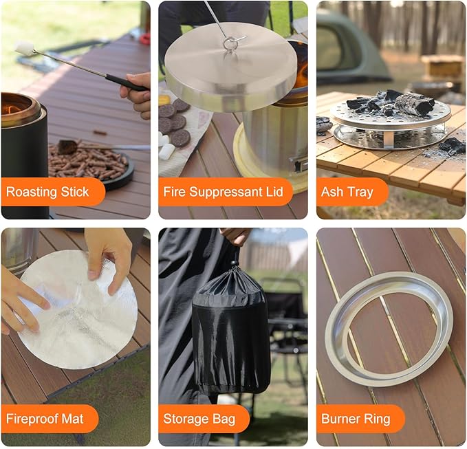 CHANGE MOORE Table Fire Pit Set & Cap, Portable Smokeless Firepit with Flodable Stand, Secondary Burn Fueled by Pellets or Wood, 201 Stainless Steel Table Top Firepit for Patio, Camping, Backyard