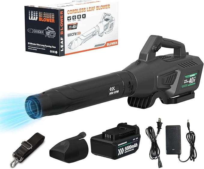 Aoypalp Leaf Blower Cordless with Battery - 40V Powerful Electric Leaf Blower, 600CFM &180MPH and Variable-Speed with 5.0Ah Battery and Charger for Lawn Care, Patio, Dust, Blowing Leaves (Grey)