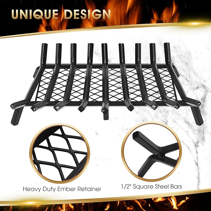 G GOOD GAIN Fireplace Grate with Ember Retainer, 30in Heavy Duty Steel Indoor, Chimney Hearth Wood Stove Burning Rack Holder,1/2 Bar Fire Place Asseccories for Outdoor, Fire Pits, Camping.