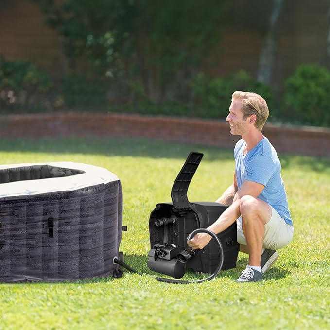 INTEX 28449EH PureSpa Greystone Deluxe Spa Set: Includes Energy Efficient Spa Cover - 140 Bubble Jets - Square Design - 4 Person Capacity - 69" x 28"