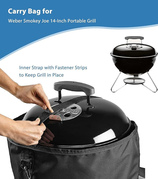 Grill Carry Bag for Weber Smokey Joe 14-inch Portable Charcoal Grill, Smokey Joe Premium 14-inch Charcoal Grills, 600D Heavy Duty Waterpoorf Outdoor Fade Resistant Cover, Storage Carry Bag for Weber