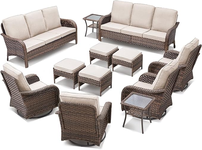 12 Pieces Outdoor Patio Furniture Set-All-Weather Outdoor Furniture Set with High Back Wicker Swivel Patio Chair Set of 4, Patio Conversation Sets for Garden Porch Deck Brown/Beige