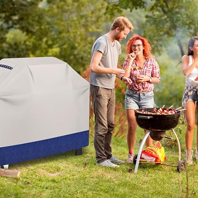 Kiafmol Grill Cover for Outdoor Grill 600D Heavy Duty 59Inch Waterproof,UV & Fade Resistant,BBQ Cover with Adjustable Straps,BBQ Grill Cover for Weber,Blackstone,Charbroil etc,Blue with Print