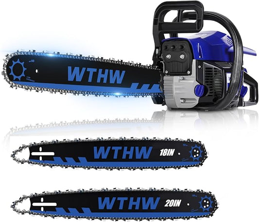WTHW 58 cc Gas Powered Chainsaw, 20 in & 18 in Quick-Switch Bars – 550 ml Fuel 260 ml Oil Tanks, Automatic Chain Oiler, Centrifugal Air Filter, Quick Start, Inertial Chain Brake (WH5806)