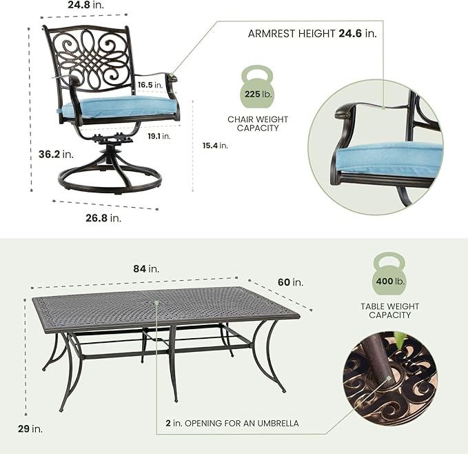 Hanover Traditions 11-Piece Modern Outdoor Dining Set with Rust Resistant Cast Aluminum Rectangular Large Dining Table and 10 Swivel Rocker Chairs with Plush Weather Resistant Blue Cushions