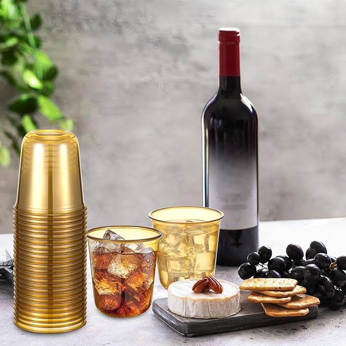 50pcs Disposable Stemless Glasses 12oz Crystal Plastic Wine Glasses Clear Classic Pet Cup for Meeting Weddings Birthdays Cocktail Christmas Party Supplies (Gold)