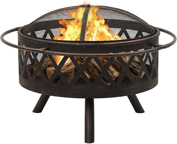Zateety Fire Pit with Mesh Cover & Poker - 29.9" Fire Pits for Outside Wood Burning, Strong Thermal Conductivity Steel Firepit, Portable Patio Outdoor Warming Fireplace for Backyard & Gardern