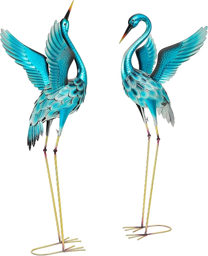 Ultym 47.5" Extra-Large Blue Heron Decor, Handcrafted Metal Crane Garden Statue with Stable U-Ground Stakes, Backyard Decoration, Metal Garden Bird Animal Yard Art, Lawn Ornament