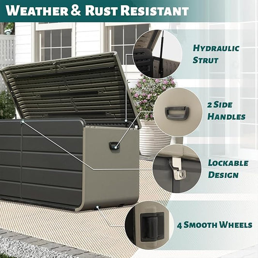 CHUNLY 160 Gallon Plastic Deck Box, Large Patio Storage Box with Lock, Wheels & Waterproof Lid for Outdoor Cushions, Garden and Pool Supplies (Gray)