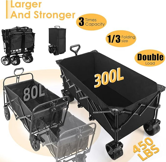 49''L Collapsible Foldable Extended Wagon with 560lbs Weight Capacity, Heavy Duty 300L Folding Utility Garden Cart with Big All-Terrain Beach Wheels & Drink Holders. Black