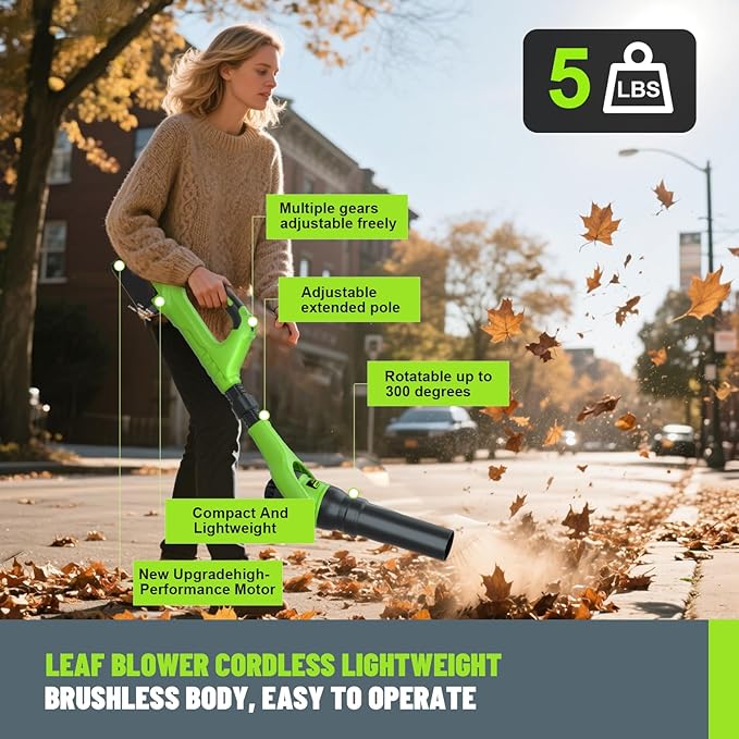 Leaf Blower Cordless,21V | 96" Electric Leaf Blower with 2 x 3.0Ah Batteries 3 Speed Modes 500CFM/180MPH Handheld Battery Powered Blower for Lawn Care Yard Patio Dust Snow Car Interior Garage Cleaning