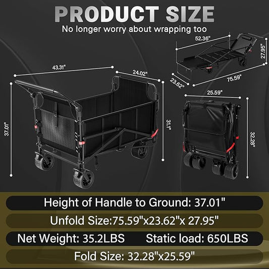 LEVELEVE Heavy Duty Folding Wagon - 2-in-1 Collapsible Cart, 650lb Capacity, All-Terrain Wheels w/Brakes & Side Pockets (Black)